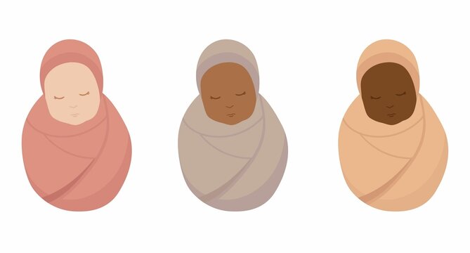 Set of swaddled baby. Newborn flat character different skin colors. African, American, European kids. Baby clipart for invitations, poster, print