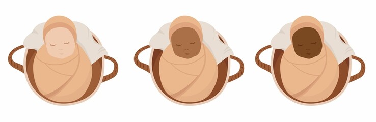 Set of cute newborn babies in blanket in basket. Collection of skin tones: European, Asian, African. Clipart for baby shower, invitation card, posters. Childish bohemian illustration. 