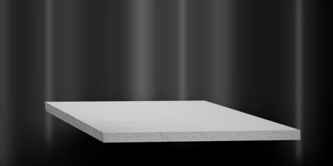 Empty white cement counter on blur dark background. mock up studio room perspective floor. modern design for add text or products presentation. interior construction display backdrop.