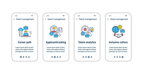 Talent management onboarding mobile app screens.Recruitment. Talent development.Business Practice steps menu. Set of UI, UX, web template with RGB color linear icons