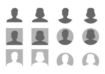 set of icons, 
Avatar profile picture design or flat portrait icon on a round, square shape background, with multiple options for men and women