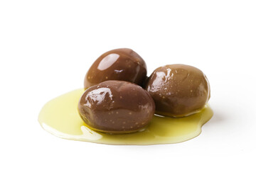 Green olives in oil isolated on white background.
