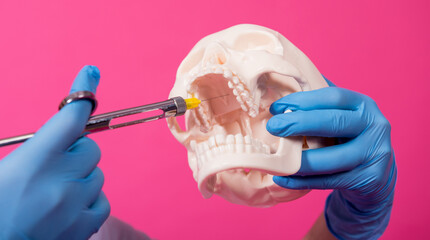 Woman dentist with a carpool syringe injects anesthetic into the gum of the artificial skull - obrazy, fototapety, plakaty