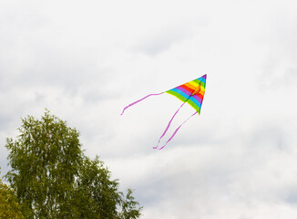 a multicolored kite flies in the sky against the background of clouds