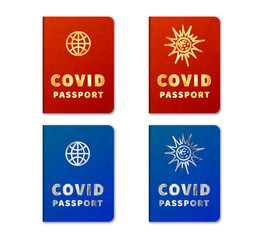 Blue and red realistic COVID passports on white