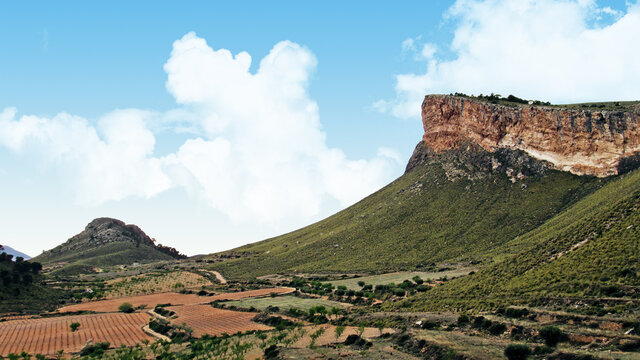 Panorama view of the hill and cliff of Barranco del Buen Aire, in Jumilla, Spain.