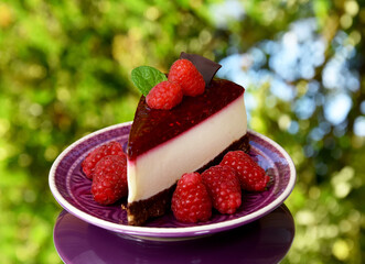 Delicious creamy raspberry cake on a bright green background stock images. Slice of cheesecake with jelly topping and raspberries stock photo. Summer raspberry dessert images
