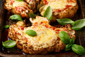 Baked Cauliflower steak with marinara sauce and cheese on rustic tray. Healthy vegetarian food