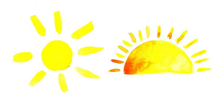 set of isolated yellow watercolor sun, watercolor illustration