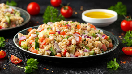 Quinoa white bean salad with cherry tomatoes, cucumber, red onion and herbs. Healthy vegan food
