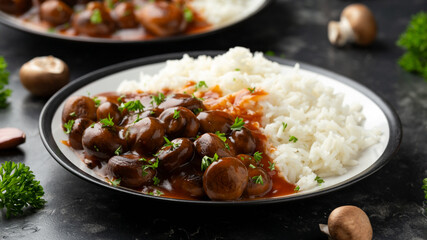 Mushrooms in Balsamic Soy rich sauce with rice. healthy vegan food.