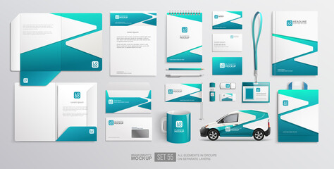 Branding identity Stationary items and objects Mockup of folder, letterhead, delivery van, bag. Blue colour abstract minimalistic Corporate Brand Identity design on stationery. Vector template