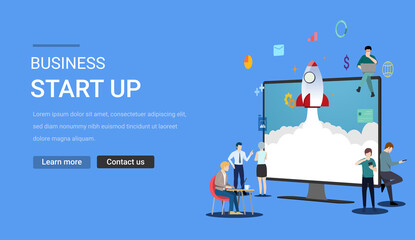 Launching rocket from computer display with people for business startup concept