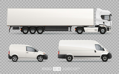 Realistic Truck Trailer, Cargo Van, Delivery Car - Vector Blank Mockup set on transparent background. Transport empty mockups cars layout for Branding and Corporate identity