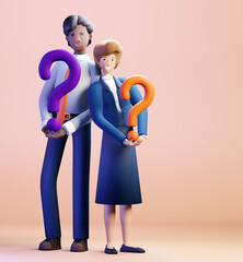 3D rendering illustration. Business people holding question marks. Symbol of help, supportive team, advisory and solving problems. 