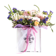 bouquet of flowers in a wooden box. wedding bouquet. flowers congratulations on the holiday. valentine's day.