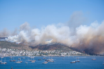 Fototapeta na wymiar Breaking news: Flames and smoke from wildfires cover the landscape. Clouds of smoke from bush fire blew into the harbor of Bodrum, making it look like an apocalyptic landscape. Escaping to the sea
