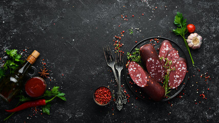 Salami with lard. Moscow traditional sausage. Top view. Free space for text.