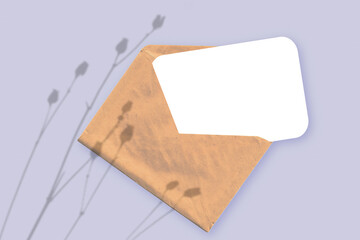 Natural light casts shadows from the plant on an envelope with a sheet of white paper lying on a violet textured background. Mockup