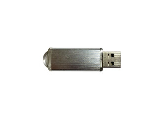 Silver flash drive close-up on a white isolated background. A USB flash drive is a storage device...