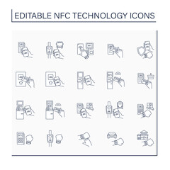 NFC technology line icons set. Safety payment system on smart watch or mobile phone. Near Field Communication. Contactless payment concept. Isolated vector illustration. Editable stroke