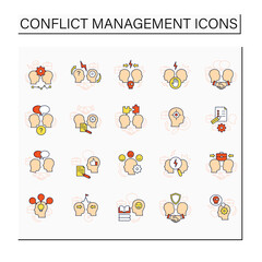Conflict management color icons set. Conflict between two persons. Dispute resolution.Compromising.Communication concept. Isolated vector illustrations