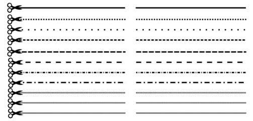 Set of cutting scissors.Straight lines, dots and dashes.Black scissors icon and template for paper, coupon and voucher.Sign, symbol, icon or logo isolated.Flat design.Cartoon vector illustration.