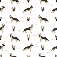 German shepherd dog  in different poses and coat colors seamless pattern.