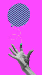 Contemporary surreal illustration. Modern conceptual art collage with a balloon flying out of the finger.