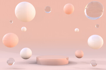 3D podium, stand, showcase with flying balls or bubbles. Nude background for advertising cosmetics for body and skin care. Mockup for makeup, care items on pastel backdrop.