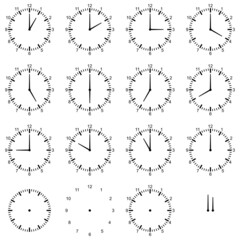 Uhr mit allen vollen Stunden von eins bis zwölf. Weißer isolierter Hintergrund.
Zeiger, Zahlen und Zifferblatt einzel für eigene Positionierung.