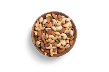 many snack nuts pumpkin seeds, pistachios, macadamia nuts, cashew nut, almond in wooden bowl on white background. Vegetarian or vegan snake. Healthy food eating. Top view