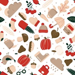 Bright, beautiful seamless pattern of autumn items. Autumn clothes, leaves, bird, clouds, pie, pumpkin, umbrella, cup, teapot, rowan, apple, pear. Hand drawn. Vector illustration