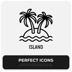 Tropical island thin line icon: palms, sand and sea. Modern vector illustration of summer vacation.