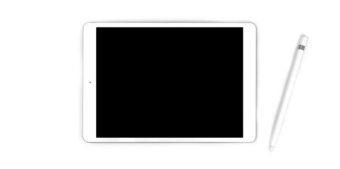 White tablet computer with blank black screen, isolated on white background with stylus pencil