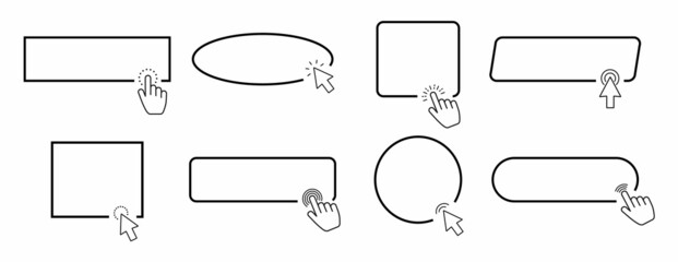 with hand or mouse cursor. Computer mouse cursor or hand pointer symbol. Click here web button sign isolated. Outline vector icon set - obrazy, fototapety, plakaty