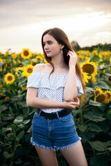Naklejka na ściany i meble Cute attractive young girl walk through yellow bouquet blooming sunflower field outdoors sunset warm nature background. Woman stopped while travel on weekend copyspace. Summer holiday relax 