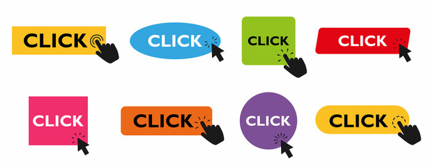 Set of colored buttons Click Here with hand or mouse cursor, isolated on white background. Click here vector web button. UI button concept. Call to Action Button. Vector illustration
