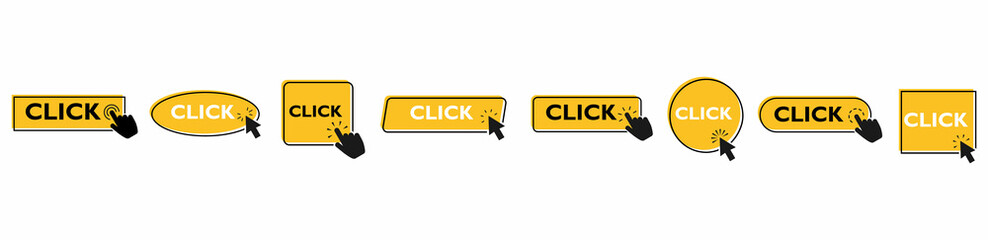 Set of colored buttons Click Here with hand or mouse cursor, isolated on white background. Click here vector web button. UI button concept. Call to Action Button. Vector illustration