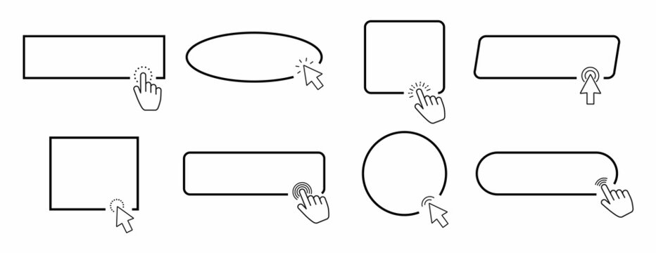 with hand or mouse cursor. Computer mouse cursor or hand pointer symbol. Click here web button sign isolated. Outline vector icon set