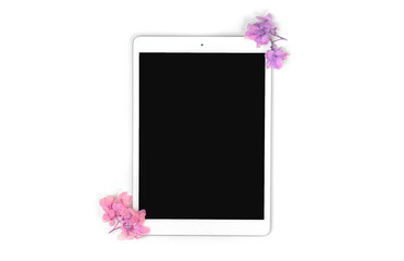 Digital tablet pc creative art mockup and template with floral dried flowers isolated on a white background, copy space photo