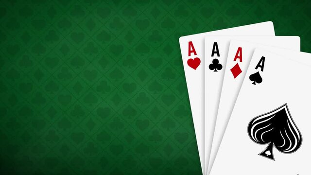 Animation of a combination of four of a kind playing cards on a green background. Playing cards in poker and casino. Blank poster template with poker card four of a kind. Motion design.