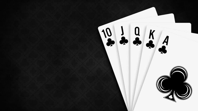 Animation opening Royal flush clubs playing cards on black background. Poker and Casino Playing Cards. Blank poster template with design card royal flush poker hand. Motion design.