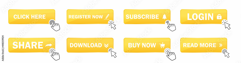 Poster click cursor set button with hand or mouse cursor. computer mouse cursor or hand pointer symbol. cli