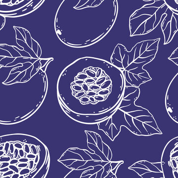 PASSION FRUIT PATTERN Delicious Dilicacy Whole And Slices For Design Of Organic Natural Products Shop And Dessert Drinks In Sketch Style Violet Seamless Vector