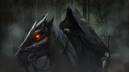 A rider in the forest on a horse, he is dressed in a mantle, a sword in his hand, the horse's eye is burning red © Kalleeck