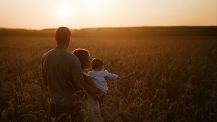 Portrait of happy mother, father and little son in a wheat field at sunset time          