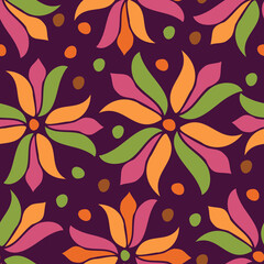 Vector seamless colorful design pattern botanical cute spring herbs and flowers in bright tones on dark background