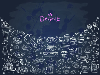 Set of hand drawn delicious sweets food on chalkboard. Vector illustration. Cakes, biscuits, baking, cookie, pastries, donut, ice cream, macaroons. Template for menu or food package design.