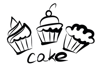 Doodle cake and lettering cake on white. Vector illustration. Perfect for dessert menu or food package design, logo.